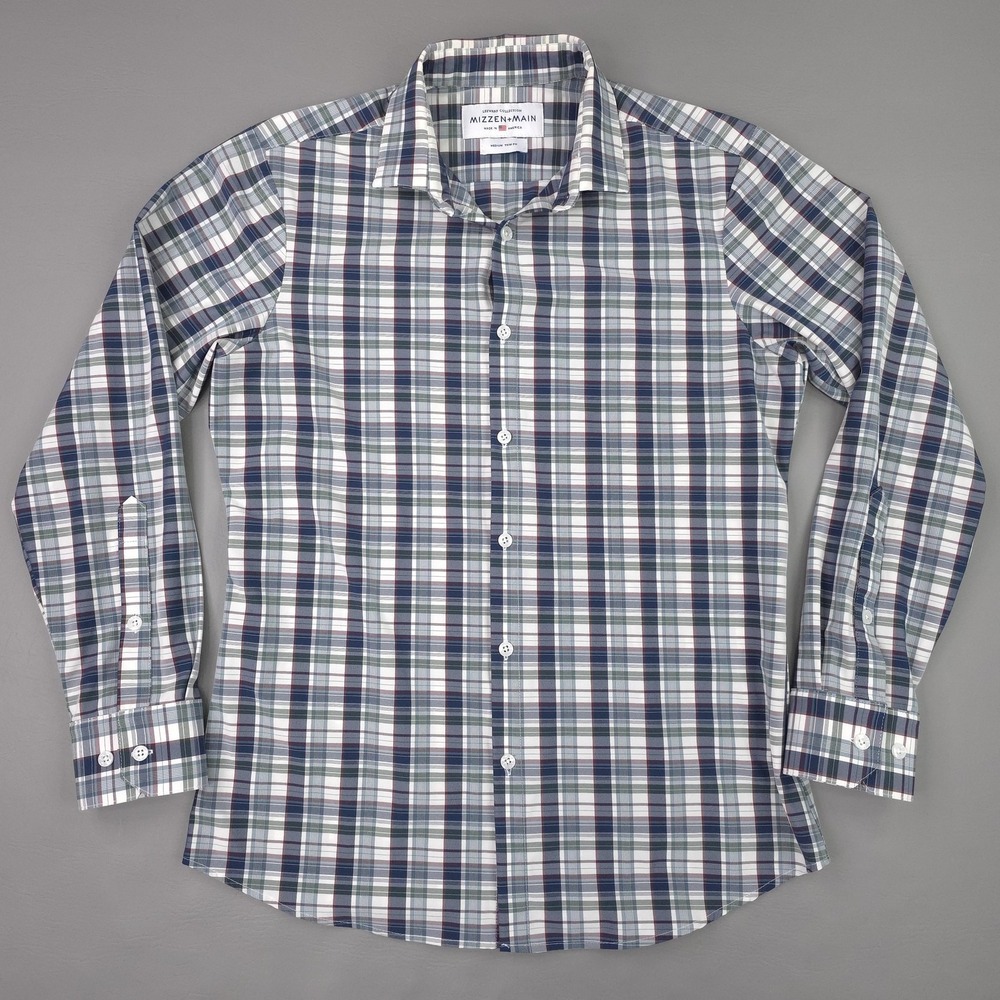 Mizzen+Main Shirt Mens Medium Trim Fit Blue Green Plaid Leeward Stretch USA